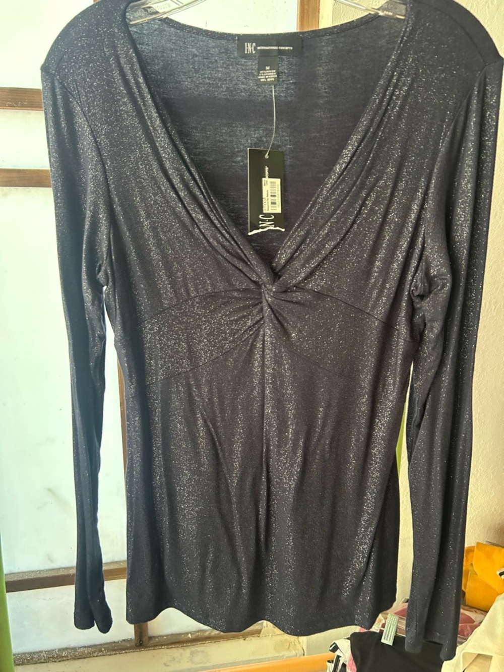INC International Concepts Black Shimmer Twist-Front Long Sleeve V-Neck Top